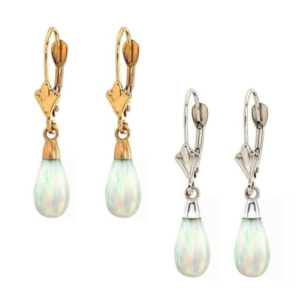 14k Solid Gold Teardrop Shape Dangle Opal Leverba… - image 1